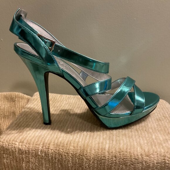 Fioni NIGHT Platform Sandal Heels - Metallic Turquoise Blue - Size 9 - Picture 6 of 8